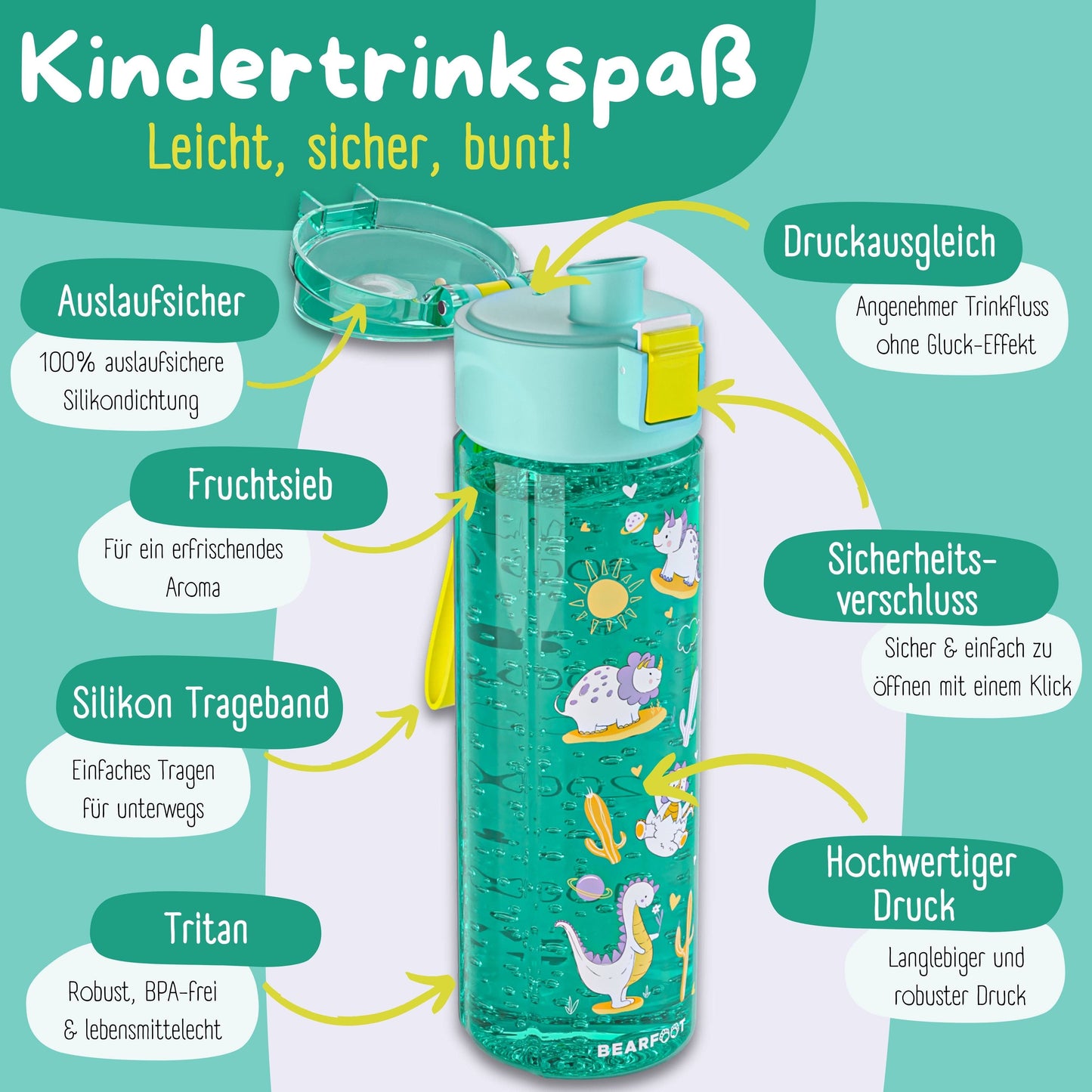 Botella de agua para niños, 500 ml, ligera - Dinos-mint