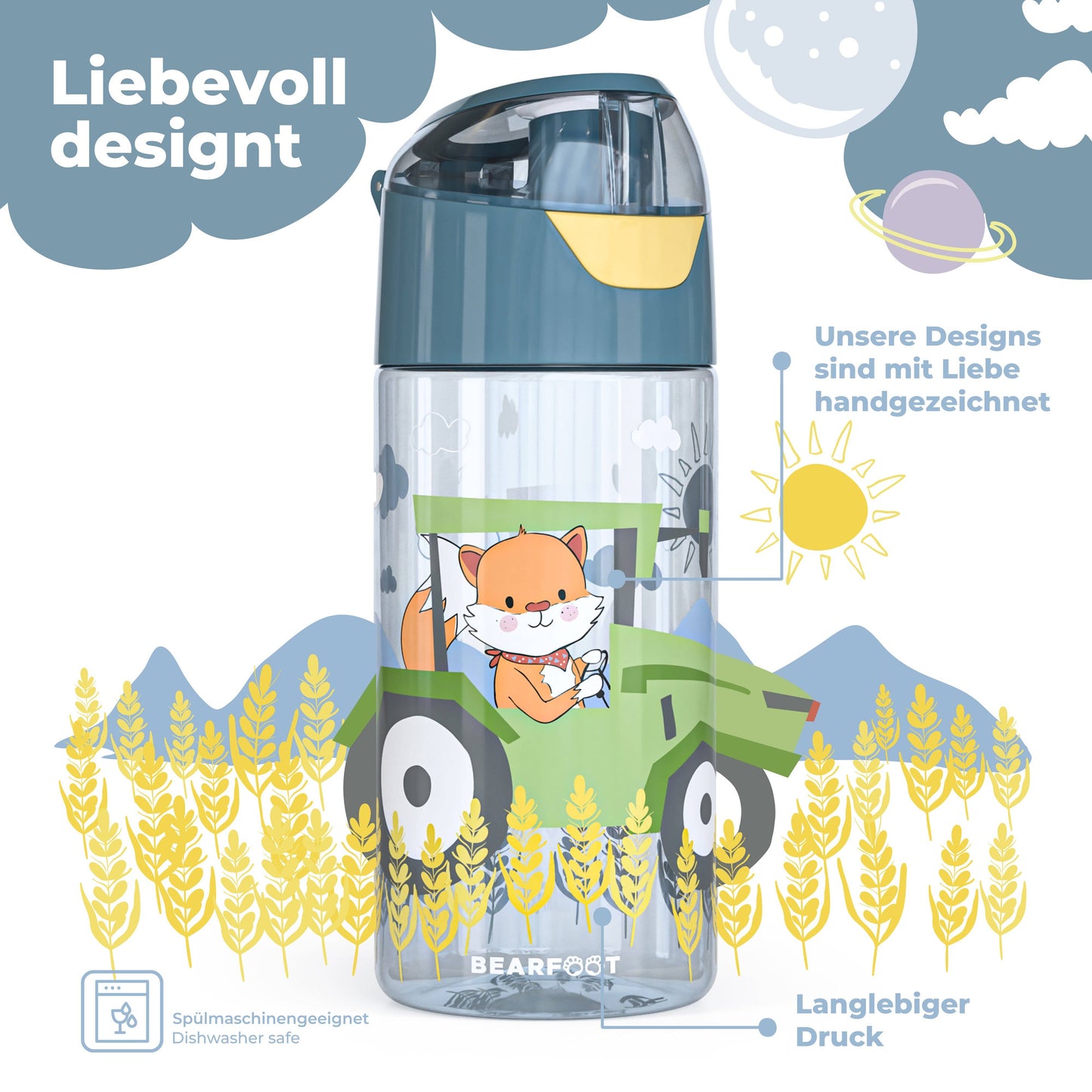 Botella de agua para niños, botella de agua ligera, tractor sin BPA